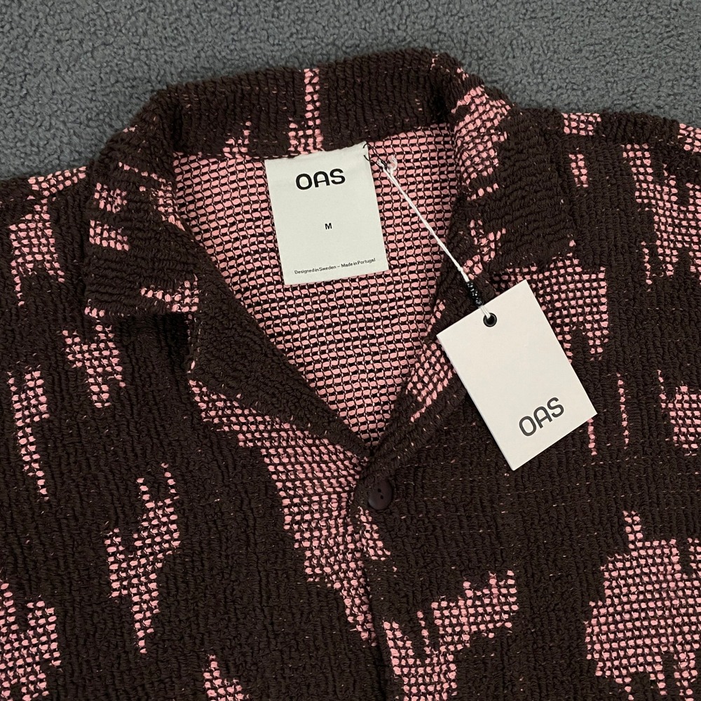 OAS Brink Cuba Crochet Shirt Mens Medium Brown Pink Camp Collar Resort NWT